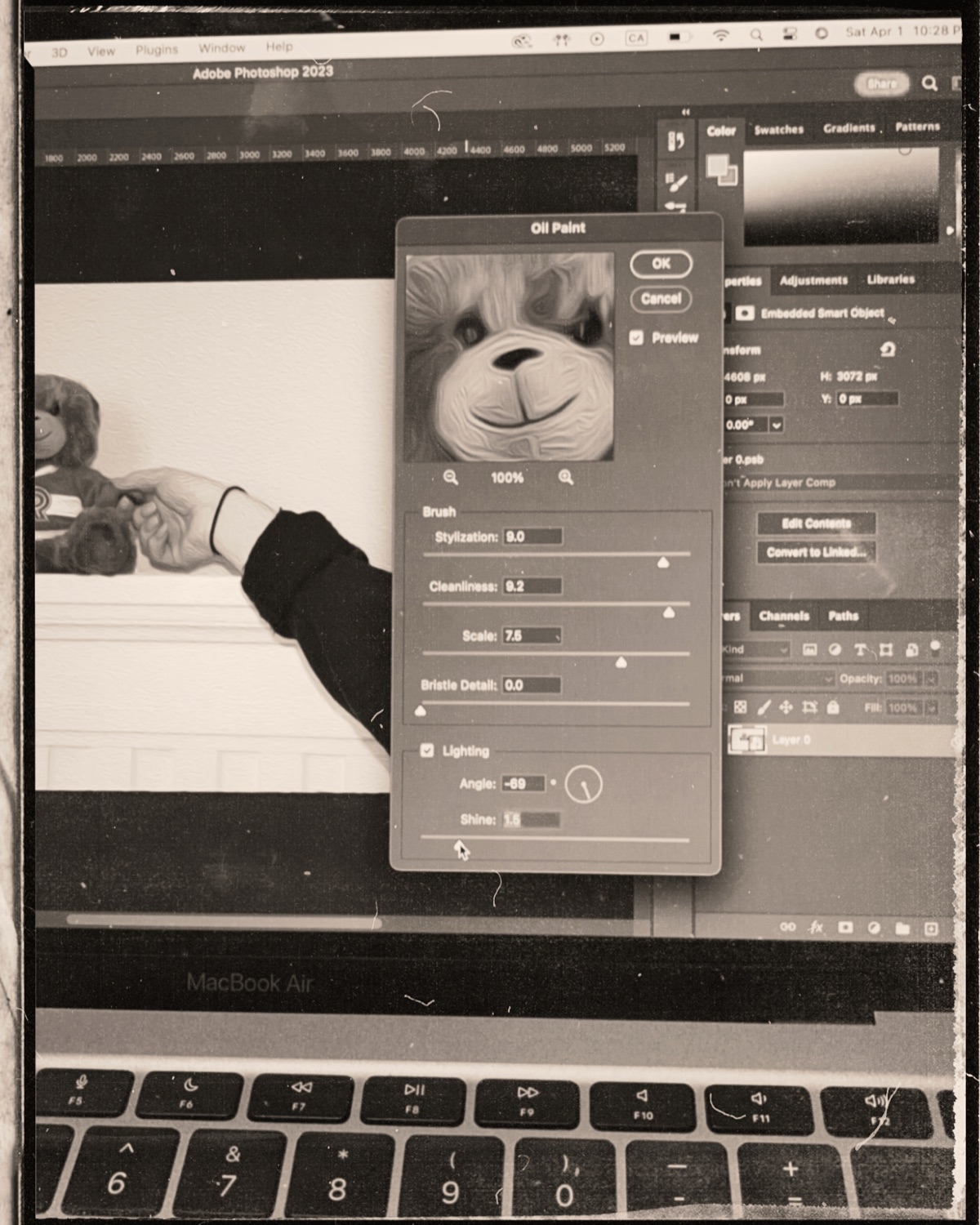 Editing a teddy bear photo in Photoshop on a MacBook