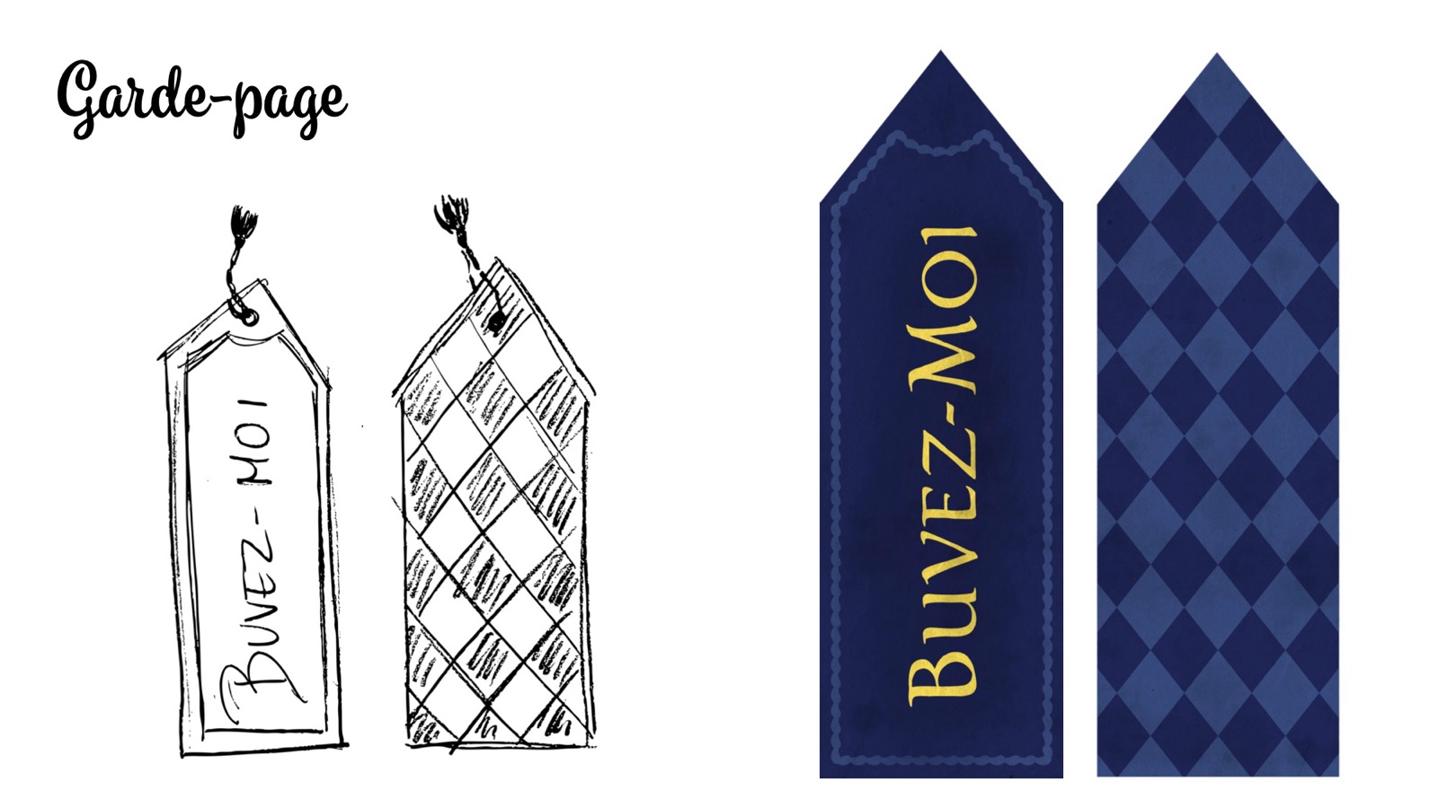 Bookmark sketches and the final Drink Me bookmark