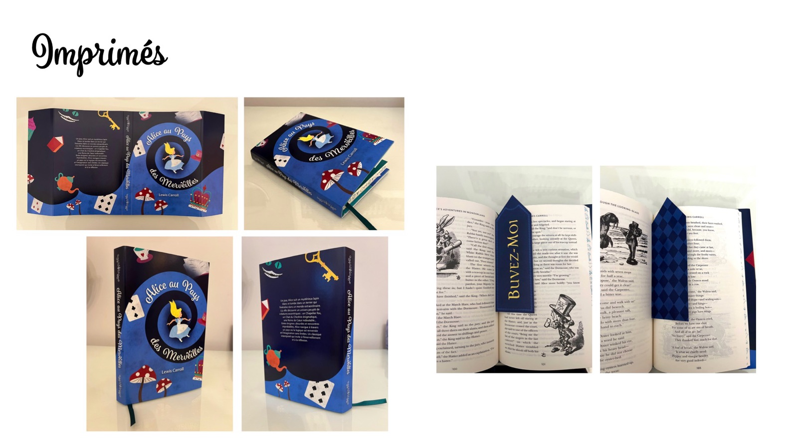Photos of the printed jacket on a book and the bookmark in use