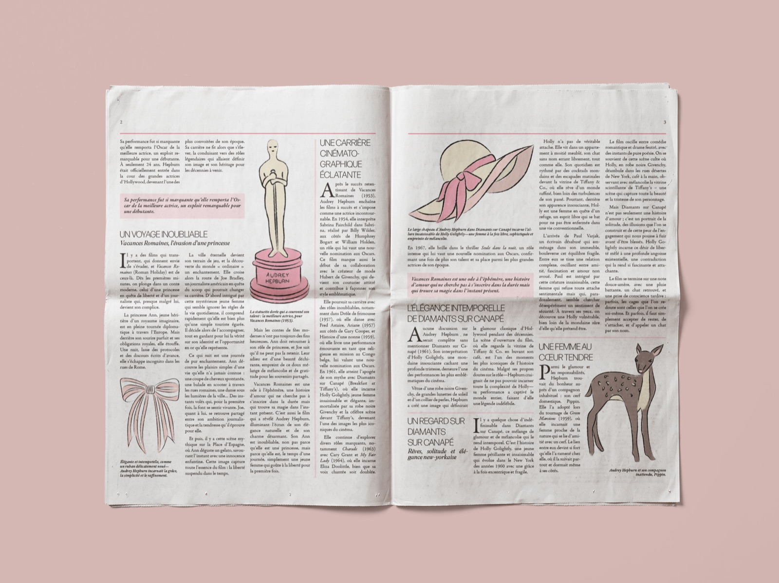 Open spread of the Audrey Hepburn newspaper feature on a pink background, with illustrations of an Oscar statuette, a bow, a sun hat and a fawn