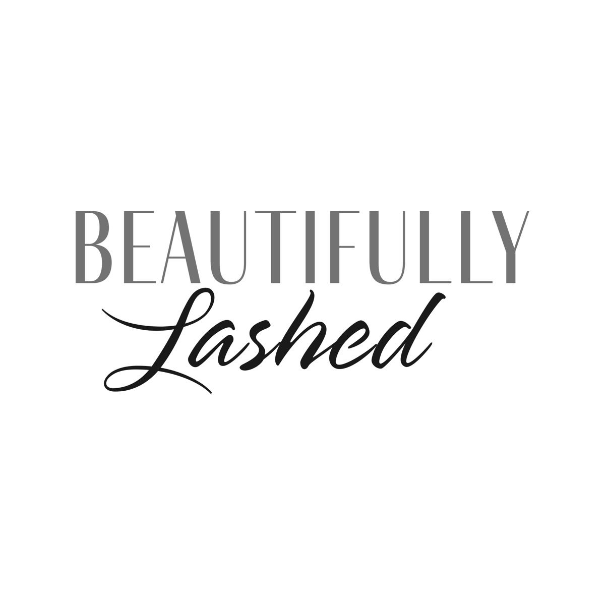 Beautifully Lashed logo: Beautifully in grey serif capitals above Lashed in black script