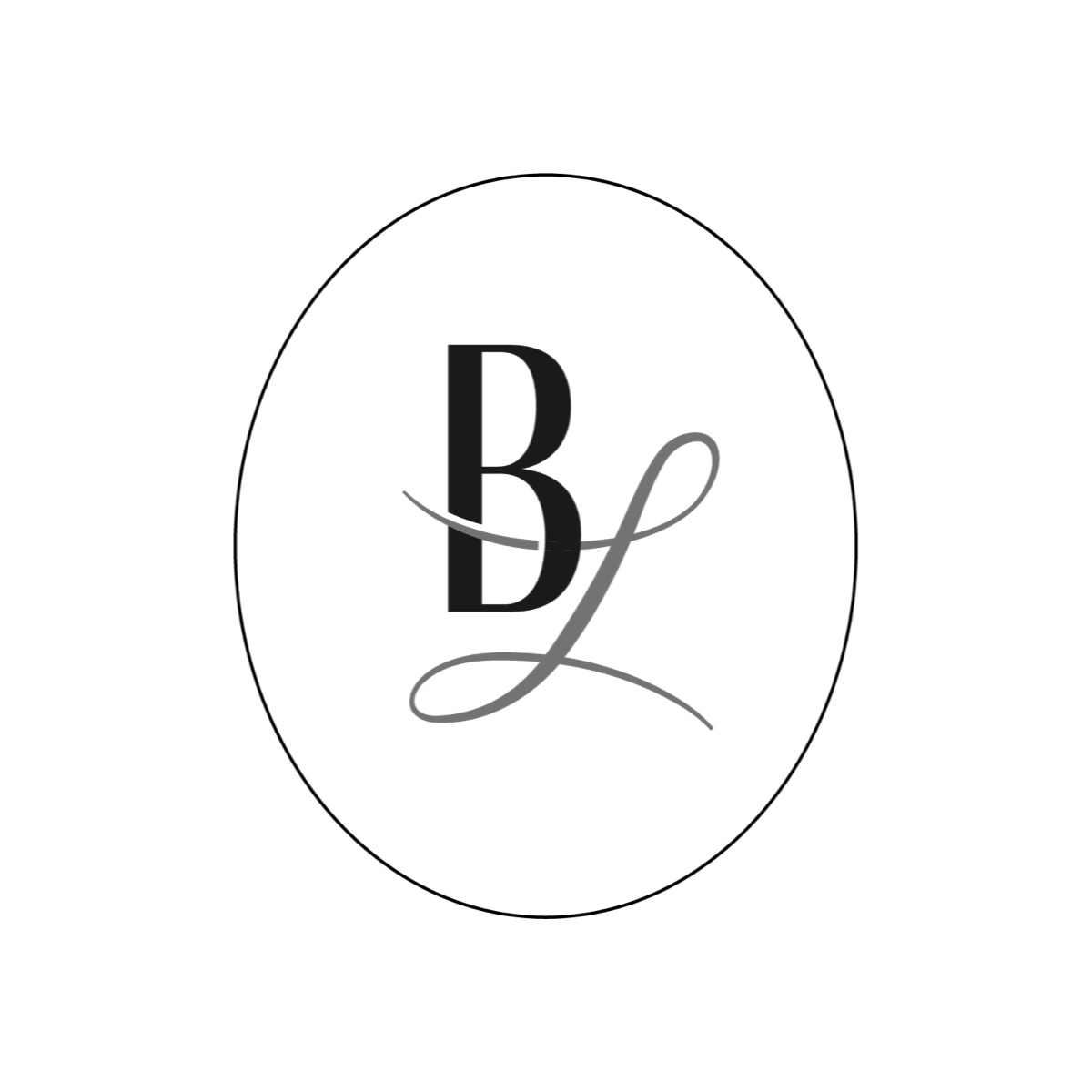 BL monogram, a black serif B and a grey script L, inside an oval