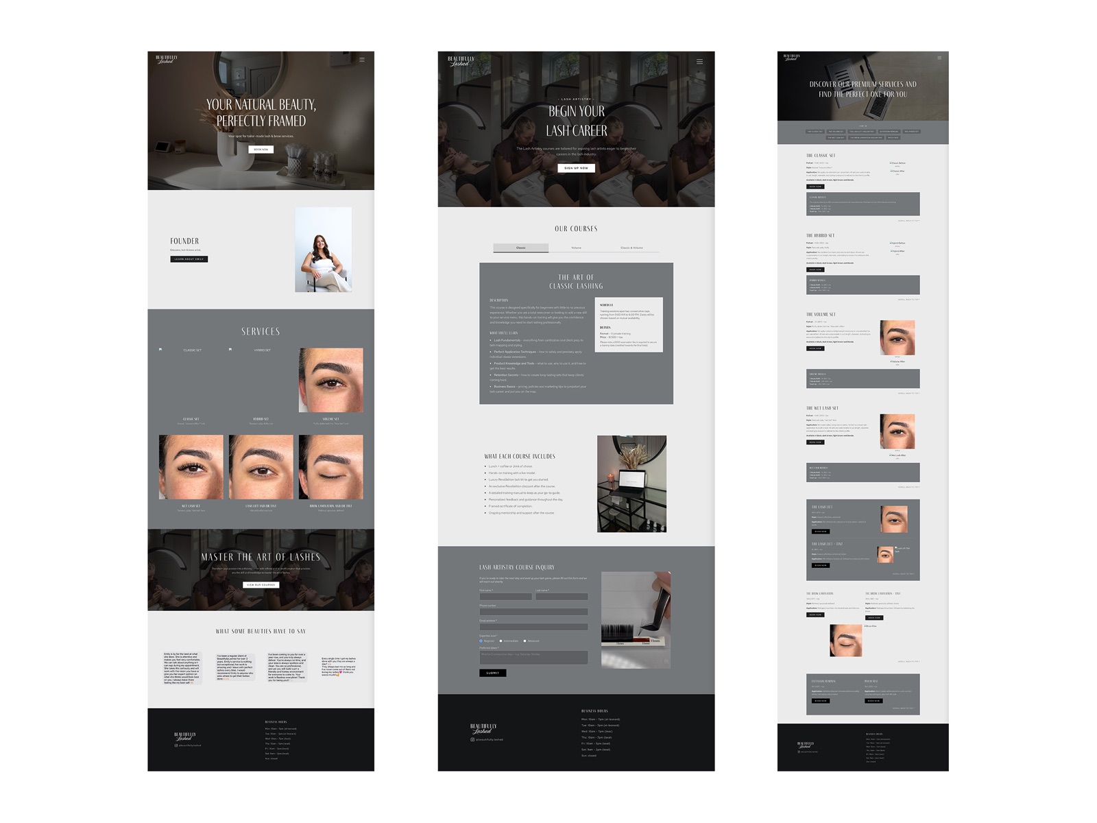 Beautifully Lashed homepage, academy page and services page side by side