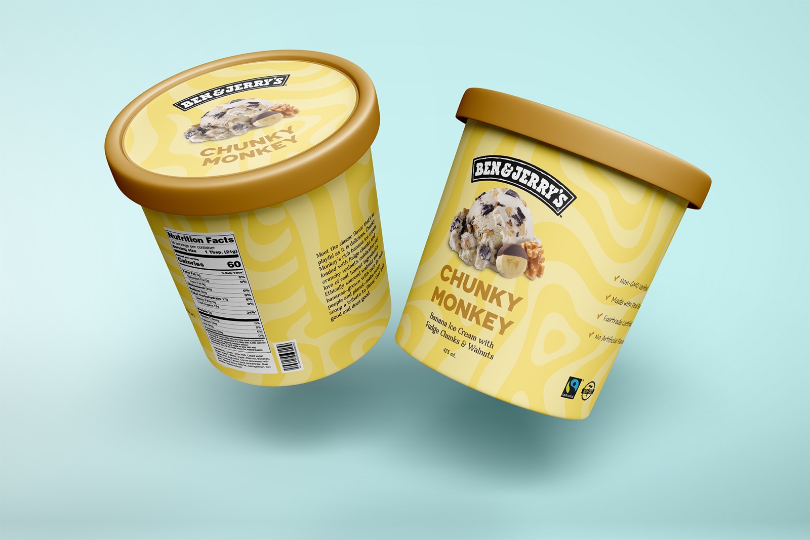 Front and back of the Chunky Monkey pint, with the lid, nutrition facts and flavour story