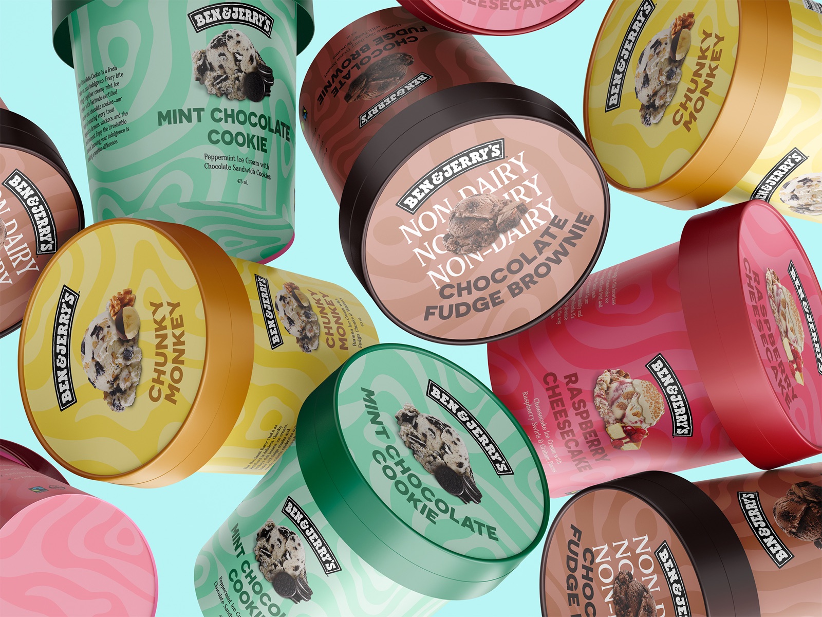 A pyramid of redesigned Ben & Jerry's pints in four flavours