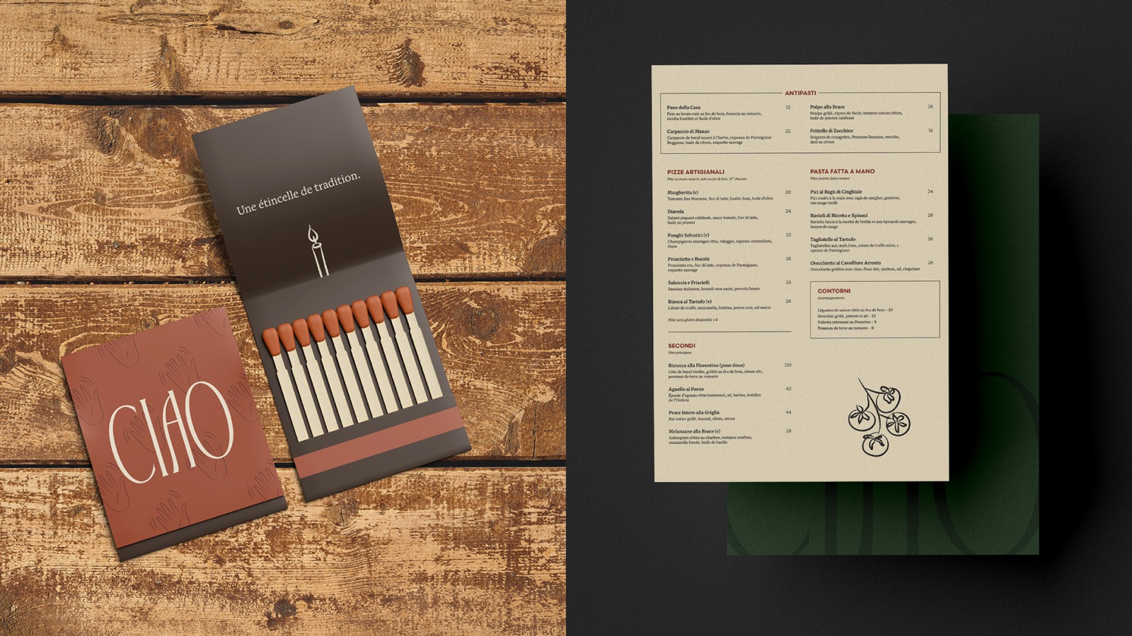 Ciao matchbox and printed menu