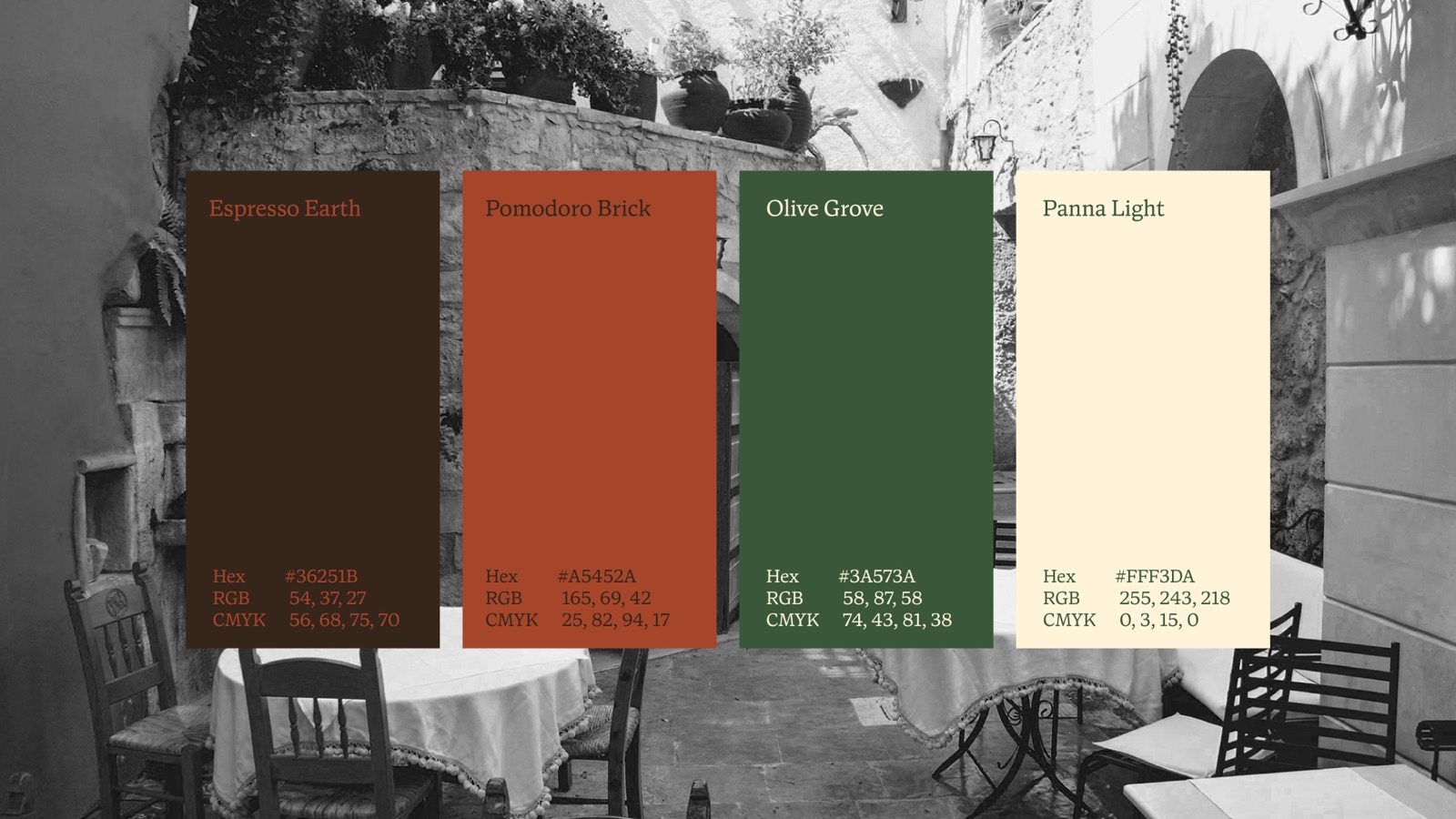 The Ciao colour palette over a photo of an Italian terrace