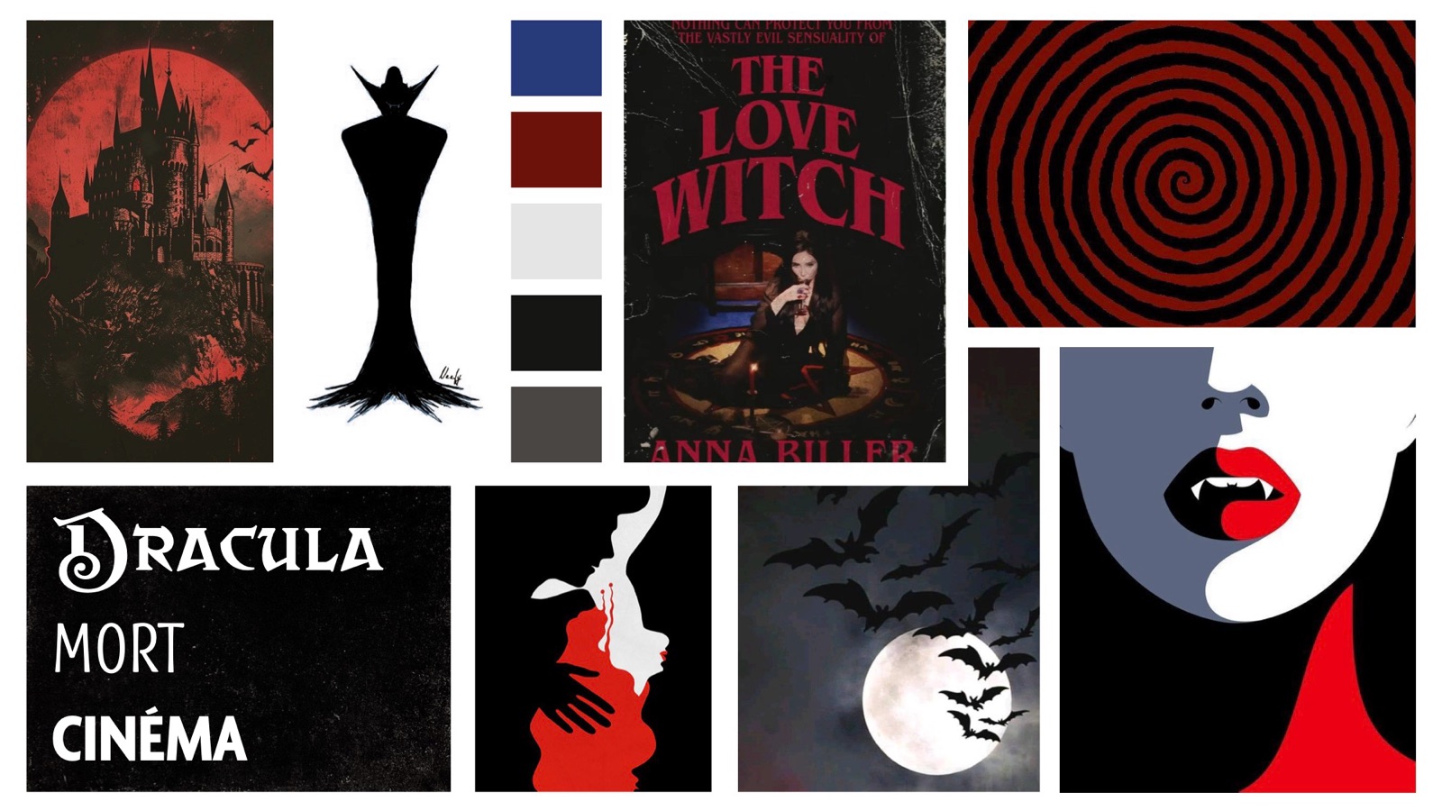 Dracula moodboard of gothic castles, bats, fangs and red spirals