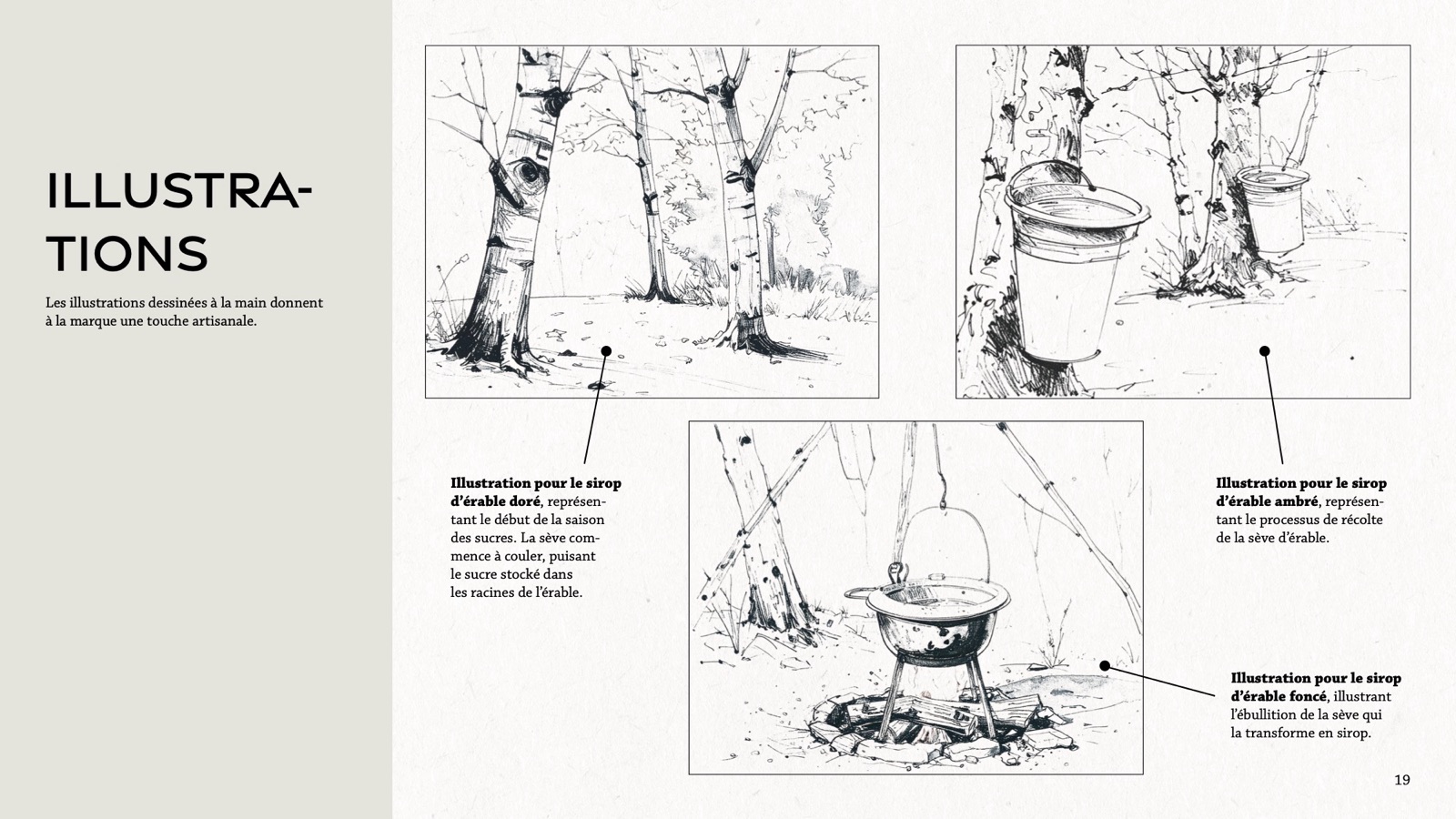 Three ink illustrations of the sugaring season