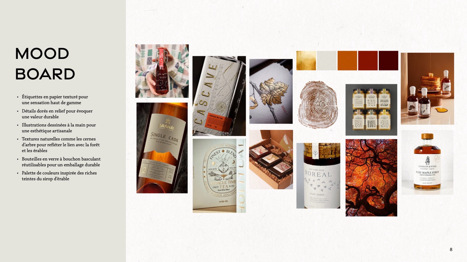 Forêt d'Or moodboard of textured labels, tree rings and amber bottles