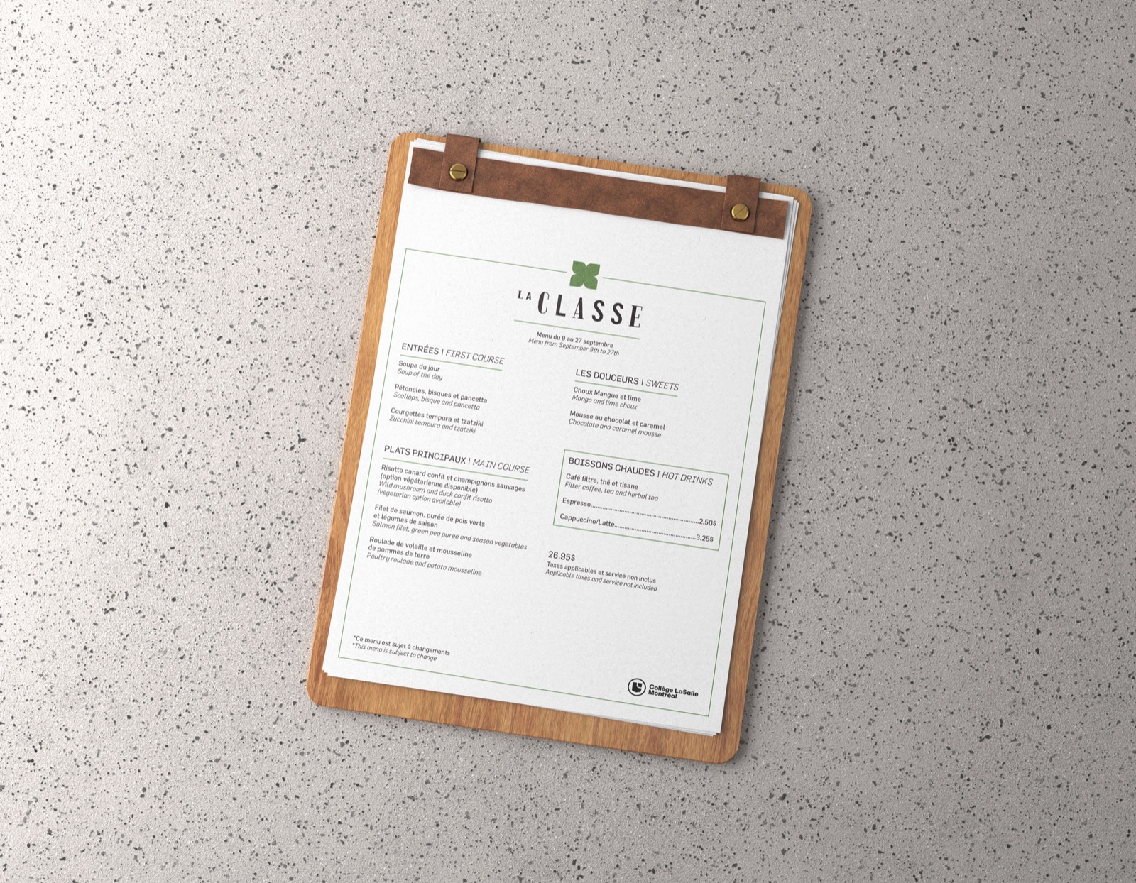 Two redesigned La Classe menus on a sand background