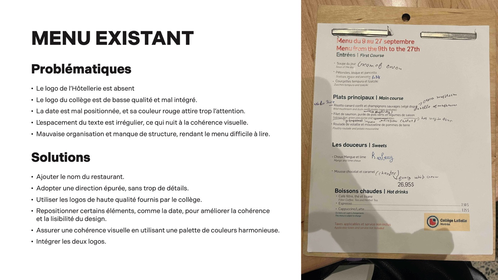 The existing menu with a list of problems and solutions