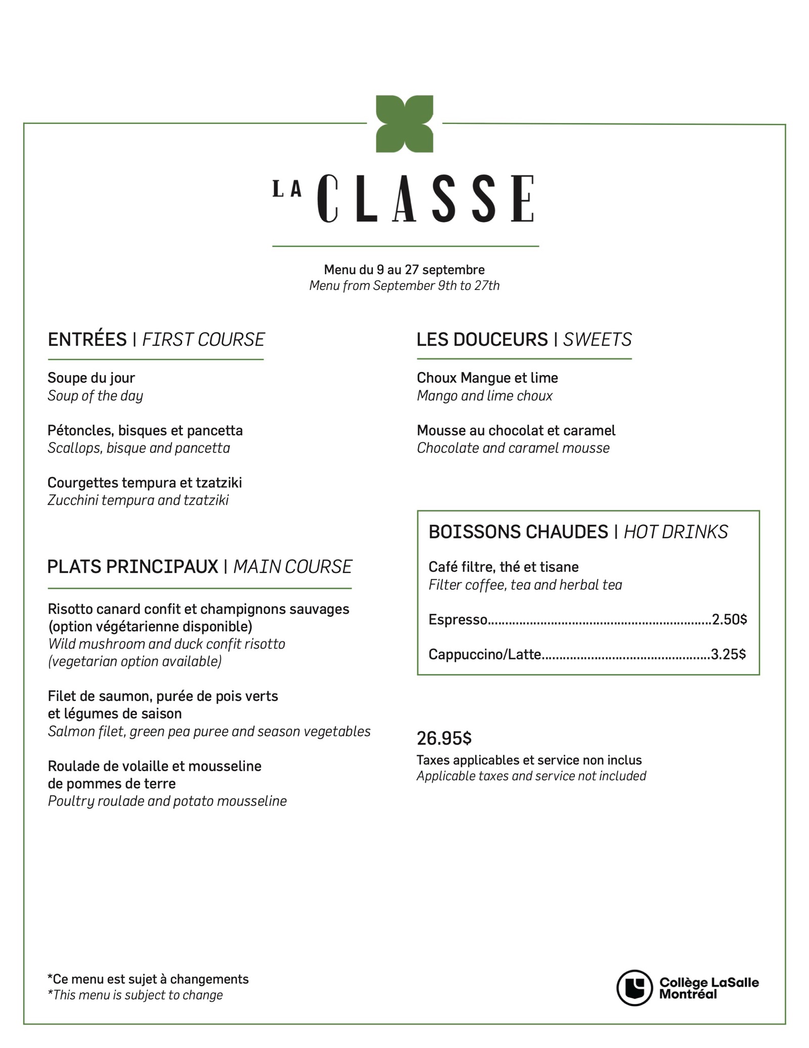 The final La Classe menu