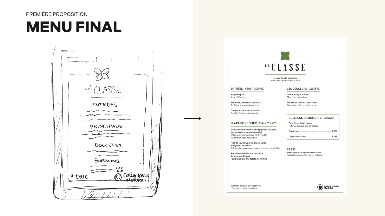 Sketch and final menu for the first proposal