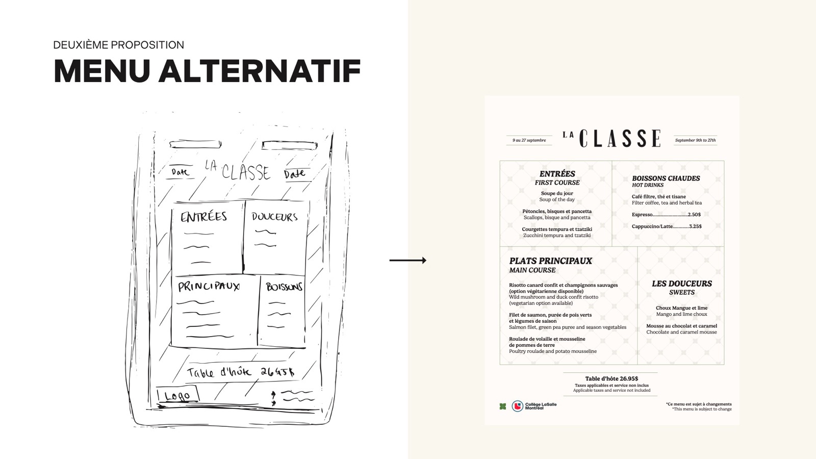 Sketch and final menu for the second proposal
