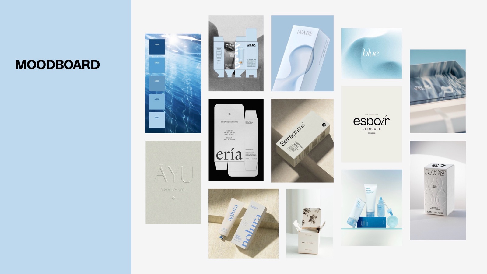 Luméa moodboard of minimal blue and white skincare packaging