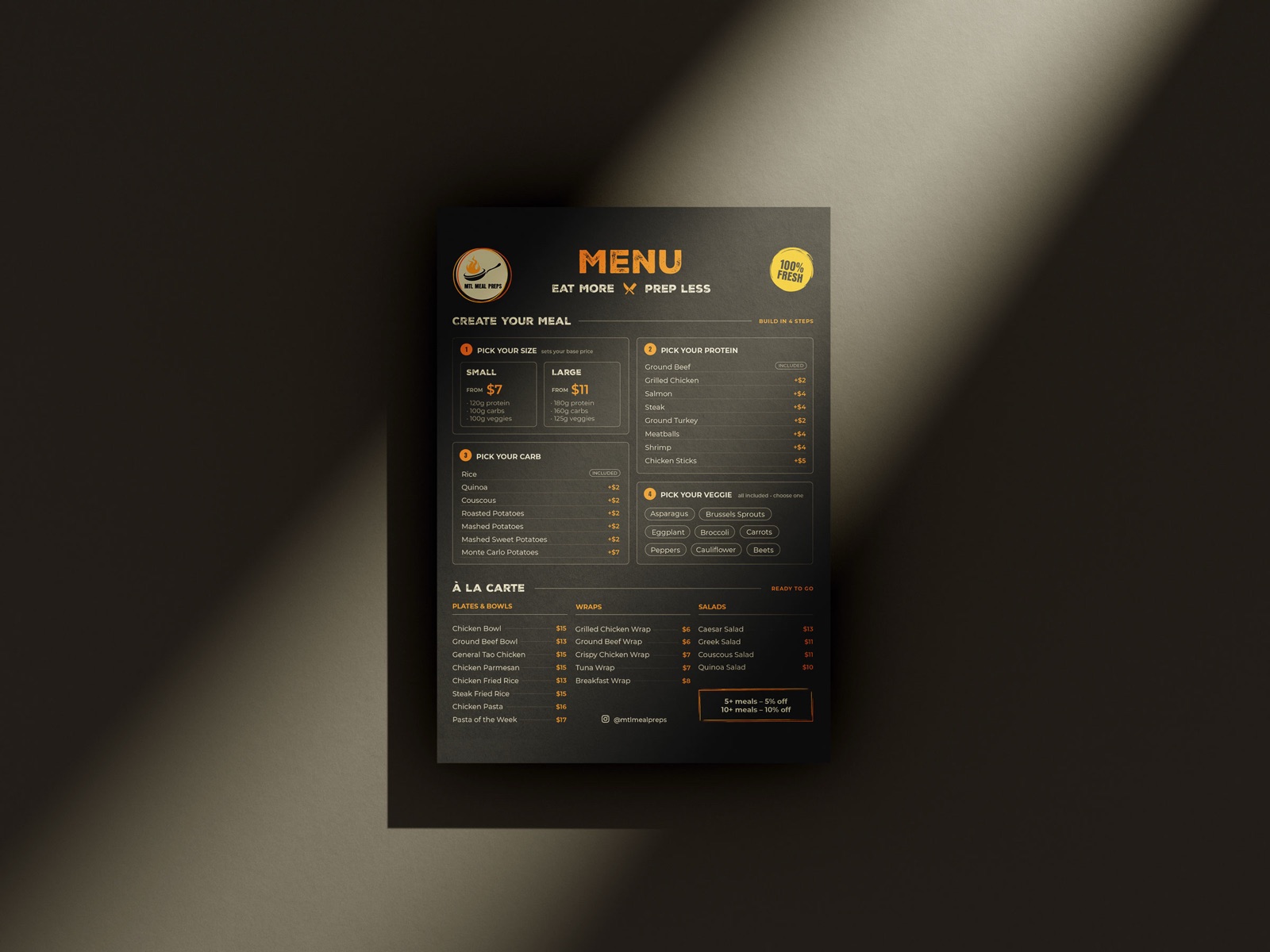 MTL Meal Preps menu on a dark background with a diagonal beam of light