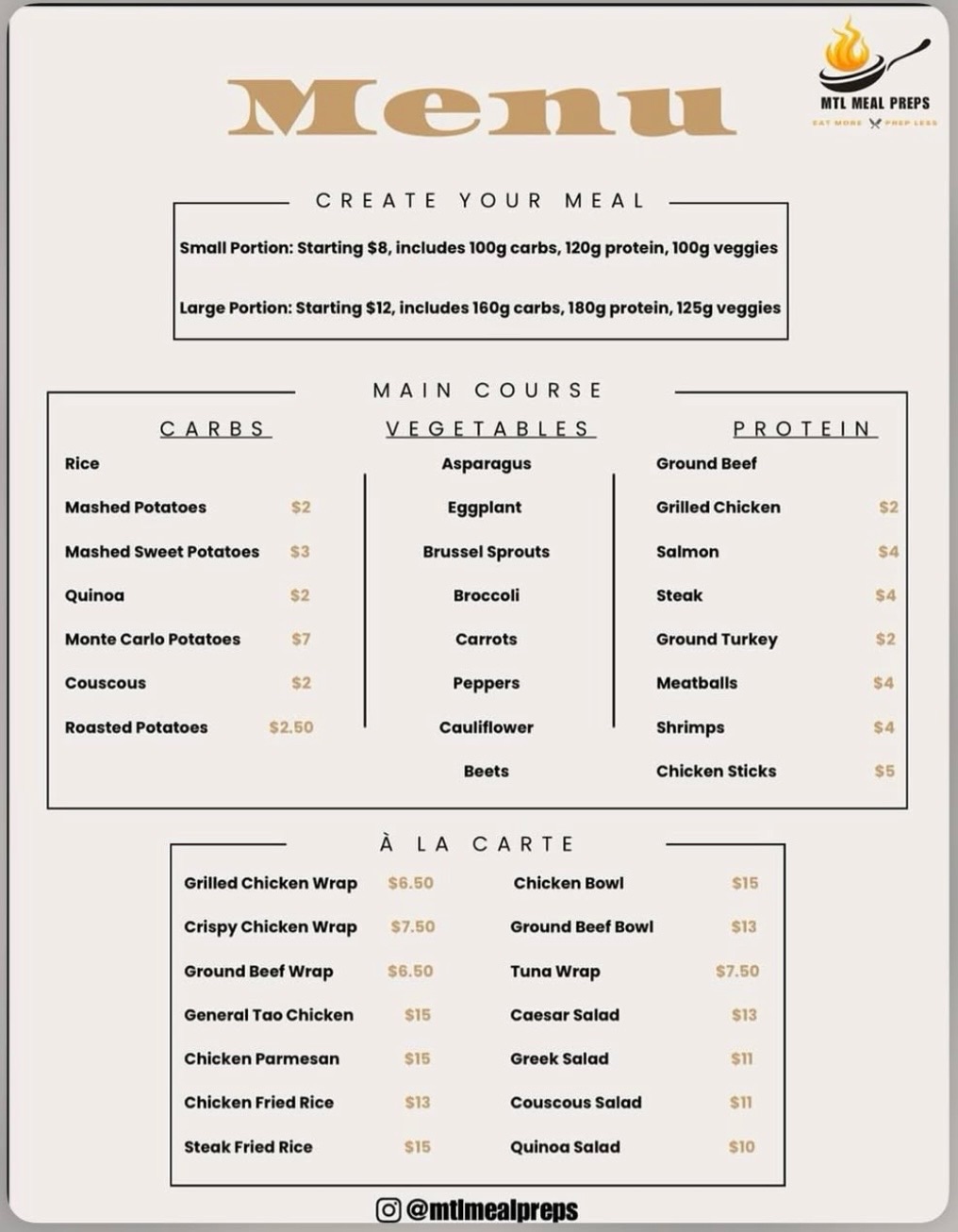 The original MTL Meal Preps menu: beige, with portion sizes, three columns of carbs, vegetables and proteins, and an à la carte list