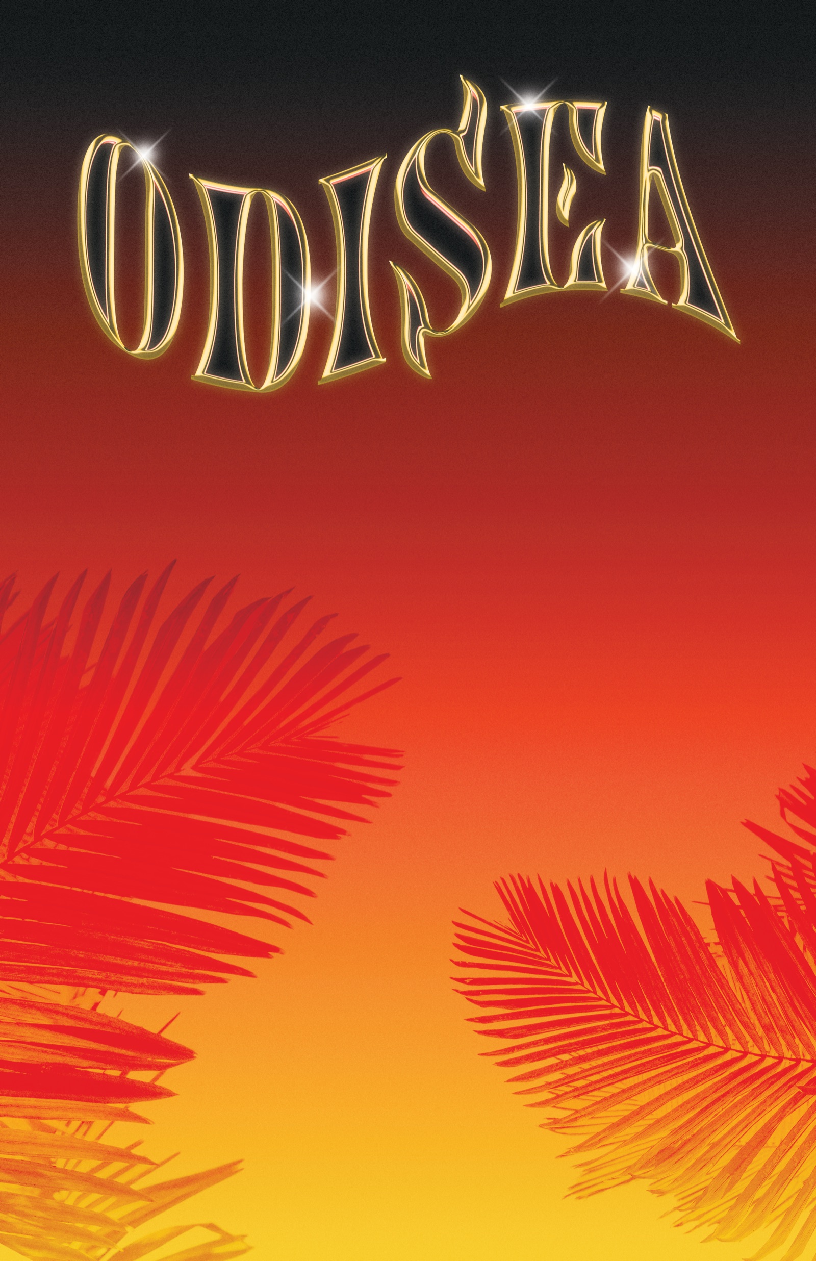 First Odisea concept: a gold chrome ODISEA wordmark over a red and yellow sunset gradient with palm leaves