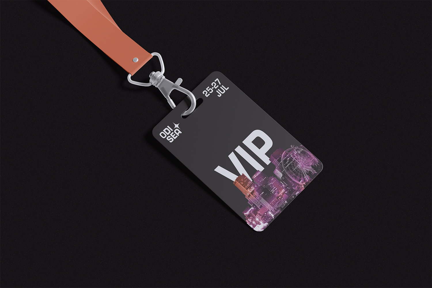 Odisea VIP pass on an orange lanyard