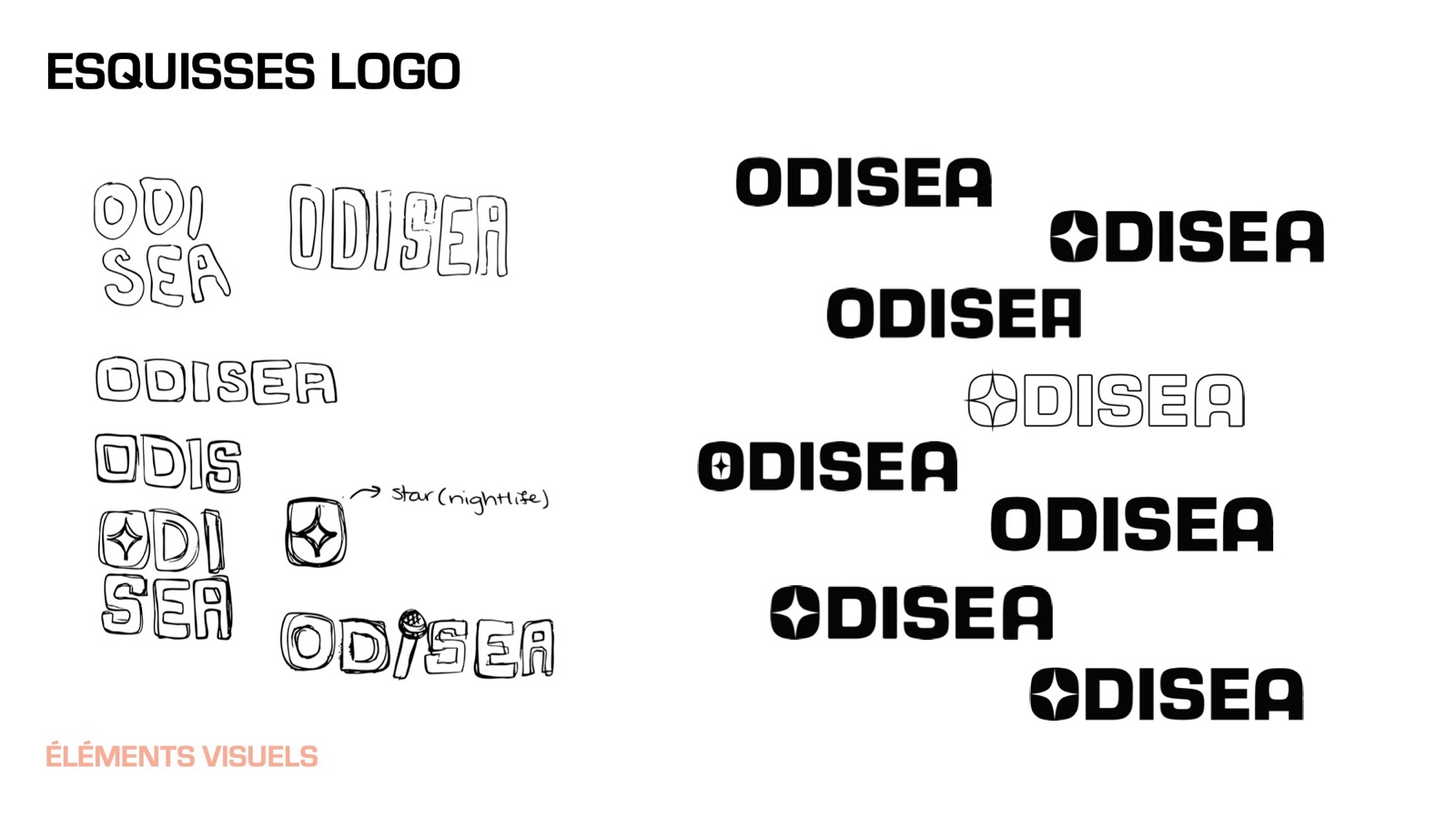 Hand-drawn and digital sketches of the Odisea wordmark