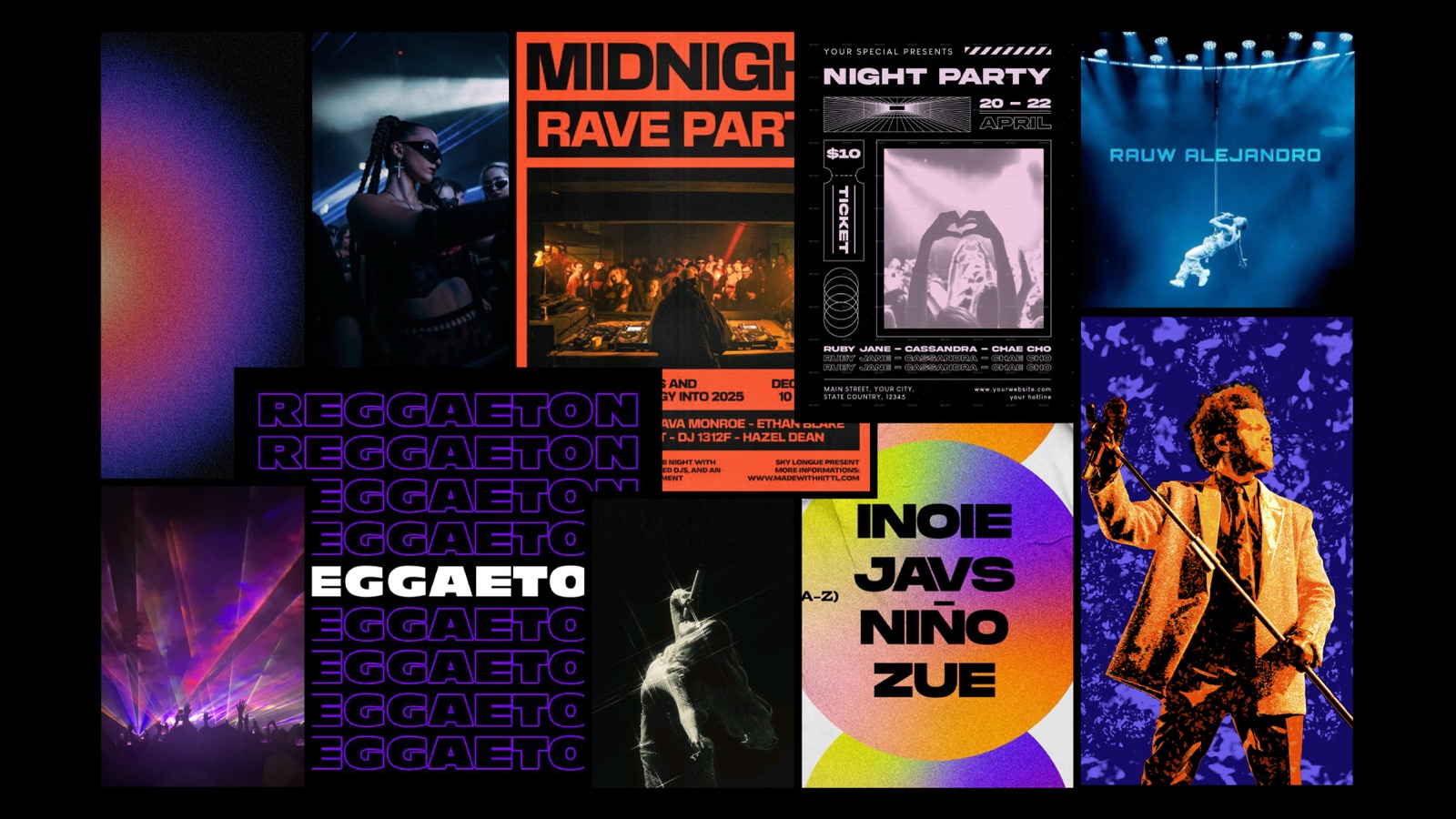 Odisea moodboard of gradients, concert lights, rave and night-party posters and reggaeton type