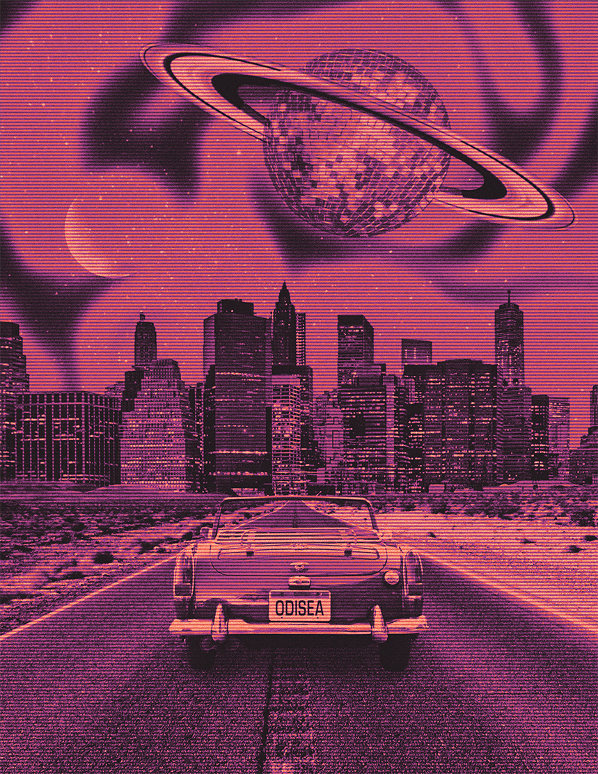 Second Odisea poster: a magenta duotone collage of a convertible with an ODISEA licence plate driving toward a city skyline under a disco-ball planet