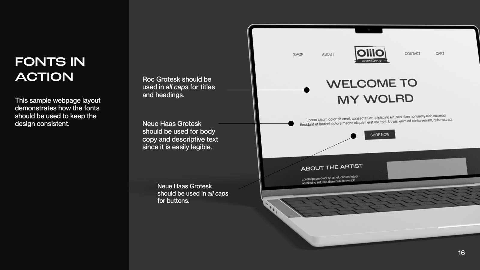 A sample webpage showing the fonts in use on a laptop