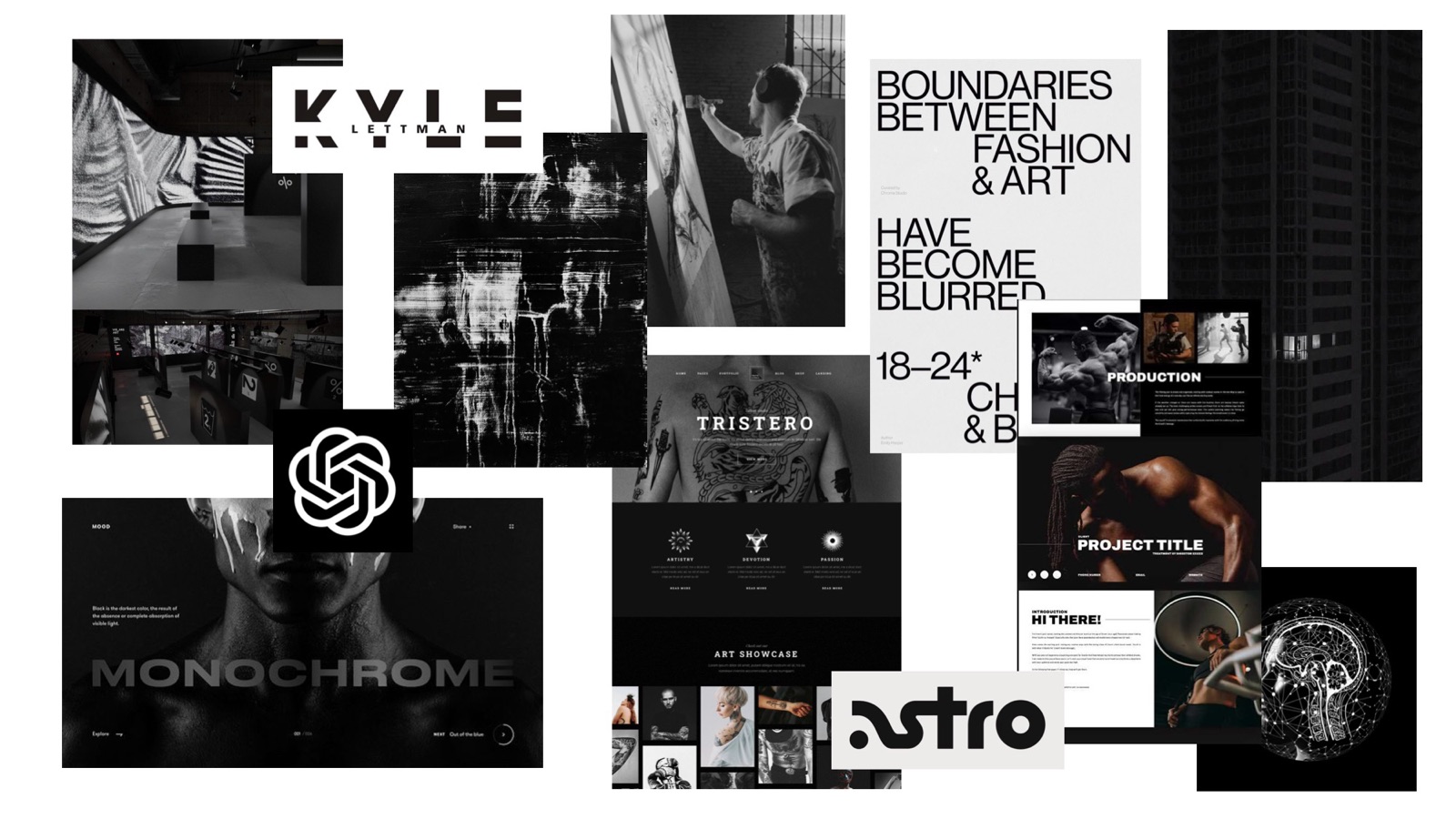 Moodboard for direction one, in black and white