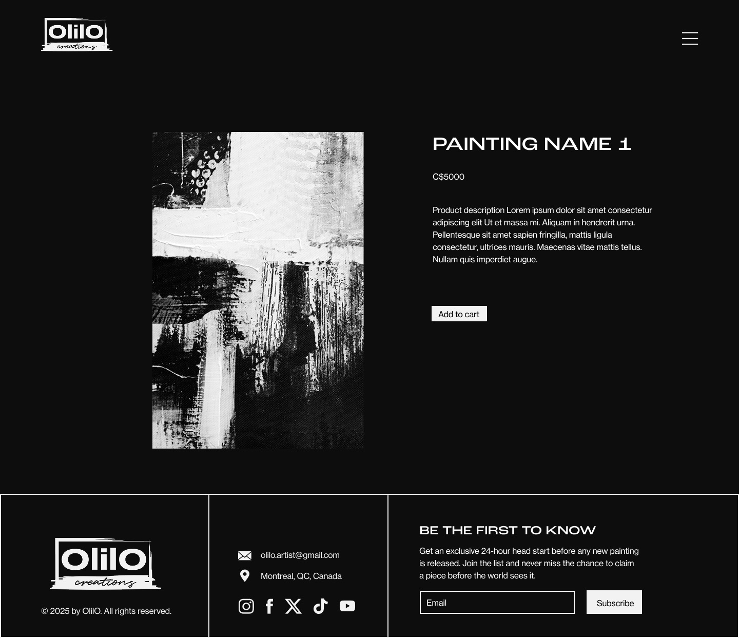 OlilO product page for a black and white painting, with price and Add to cart button
