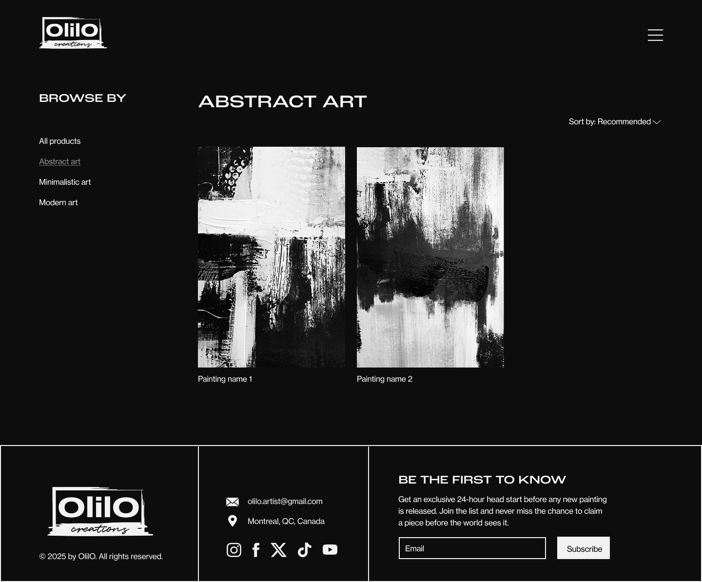 OlilO shop page with a Browse by sidebar and two abstract paintings