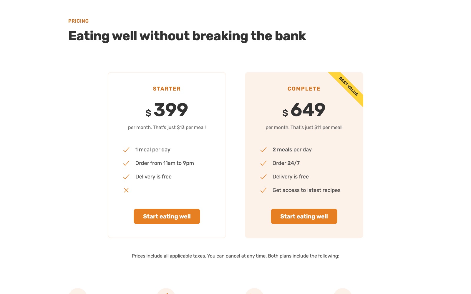 Pricing section with two plans