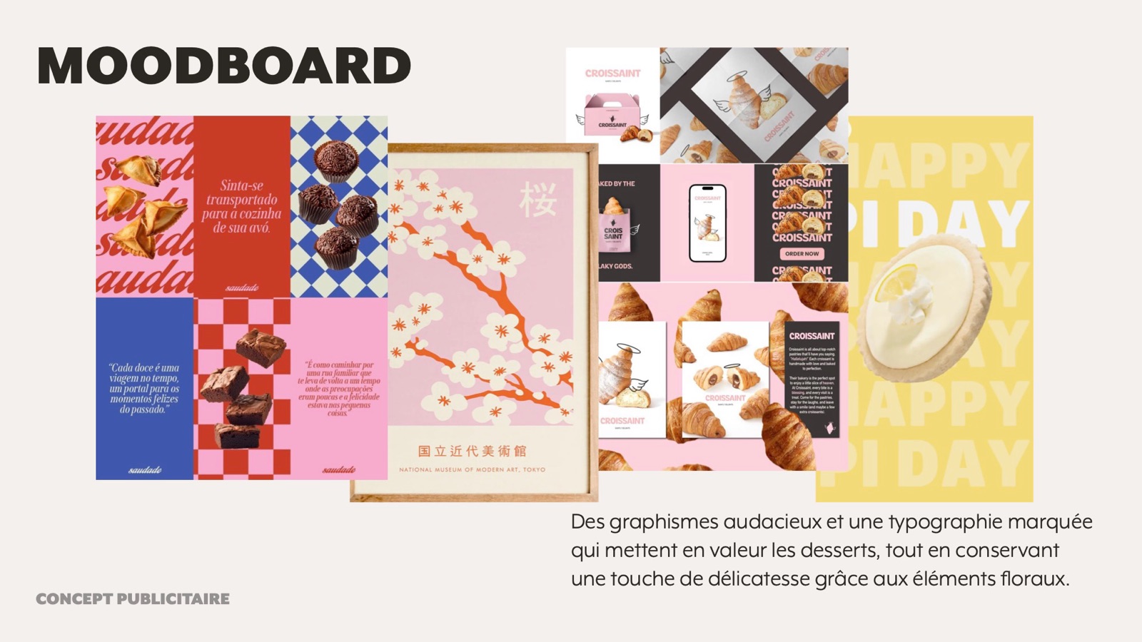 Moodboard of bold dessert graphics and florals
