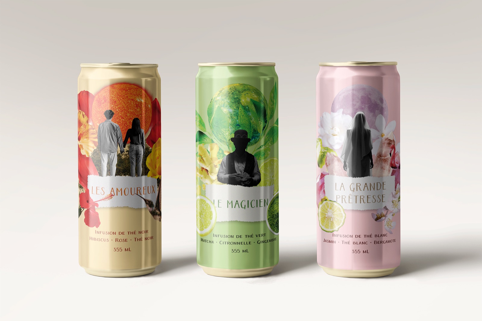 Three tarot-themed drink cans: The Lovers, The Magician, The High Priestess