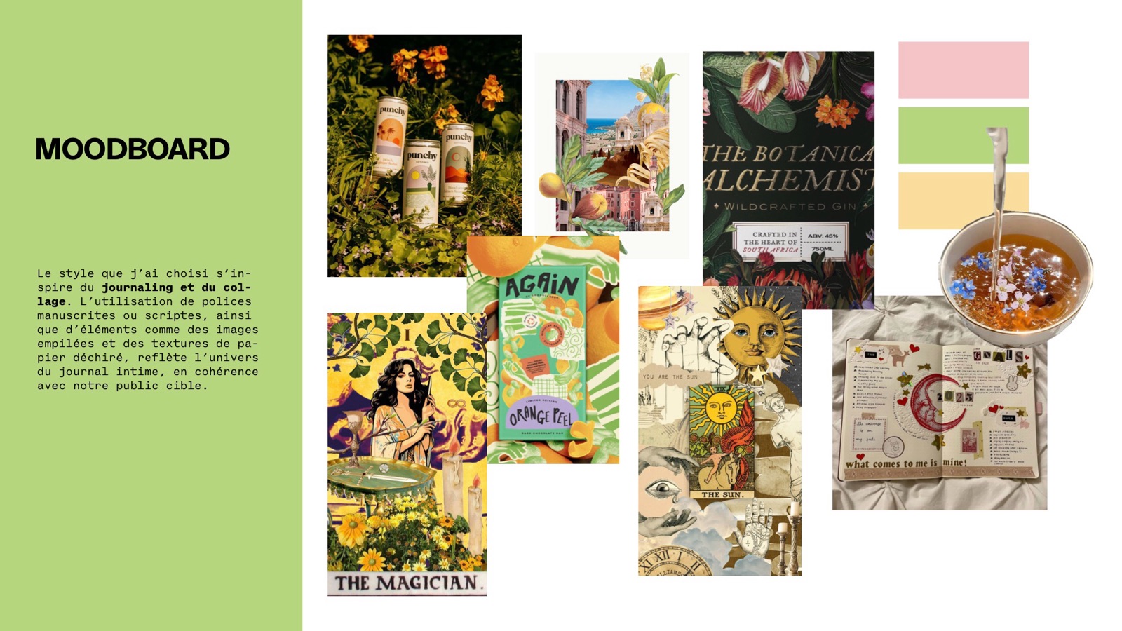 Moodboard of botanical collage, tarot cards and journal pages