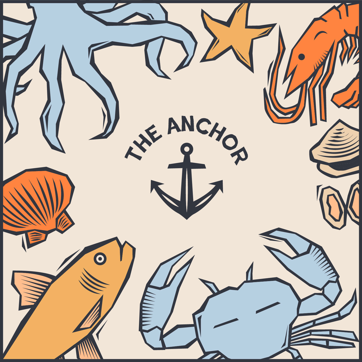 The Anchor illustration in orange, sand and light blue on cream