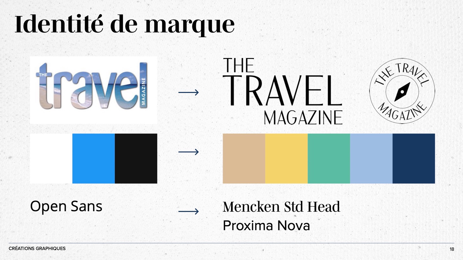 Before and after of the logo, palette and typography