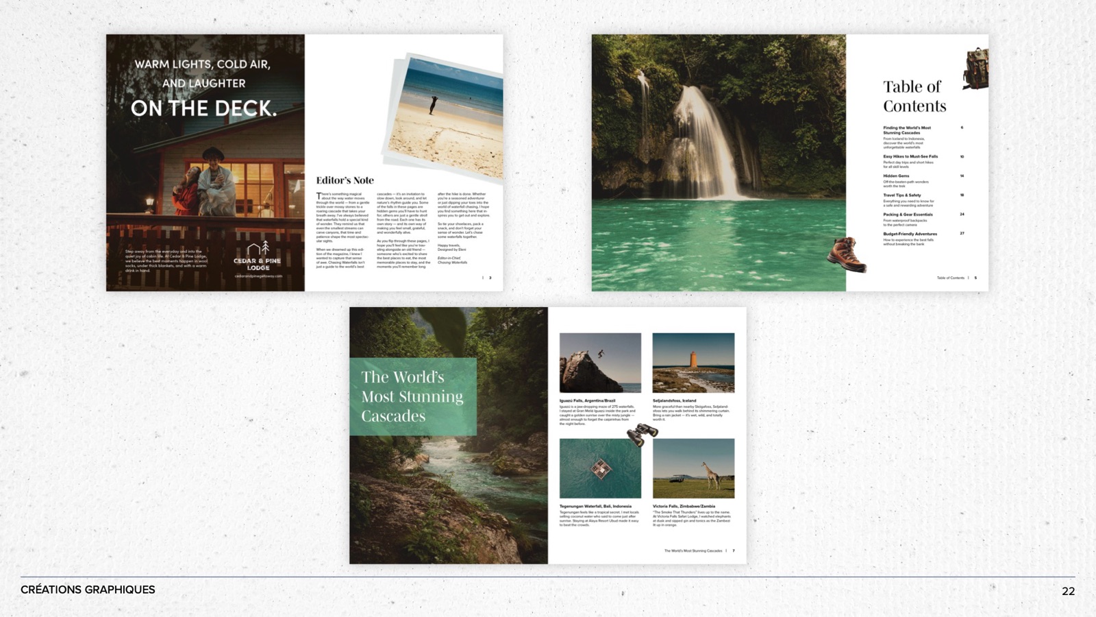 Magazine spreads: editor's note, contents and a waterfall feature