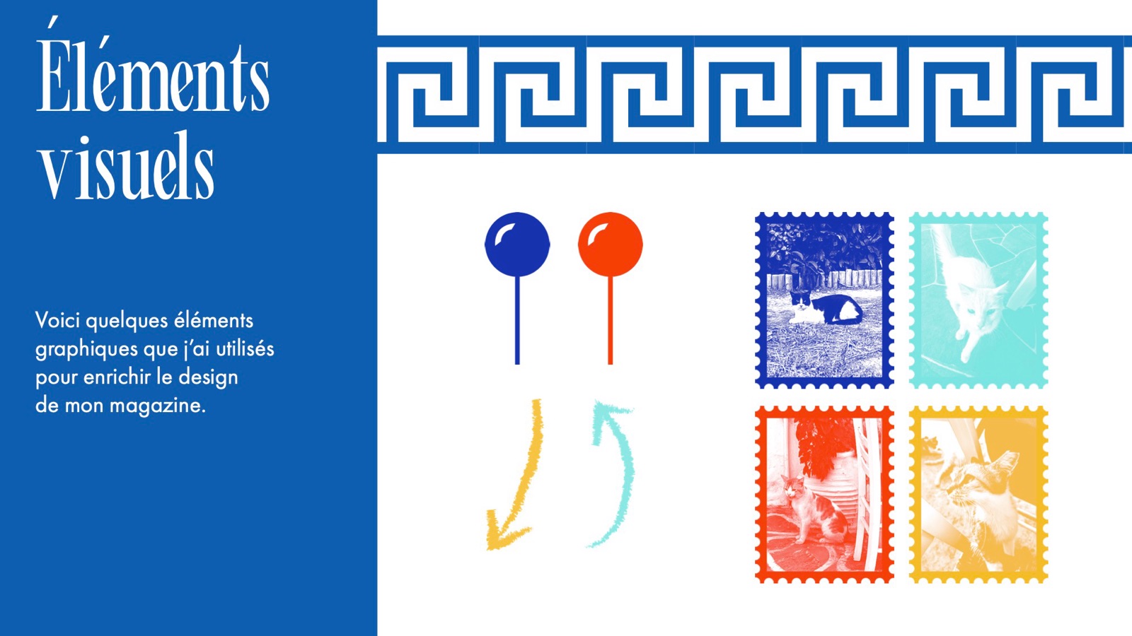 Greek key border, pins, arrows and stamp photos