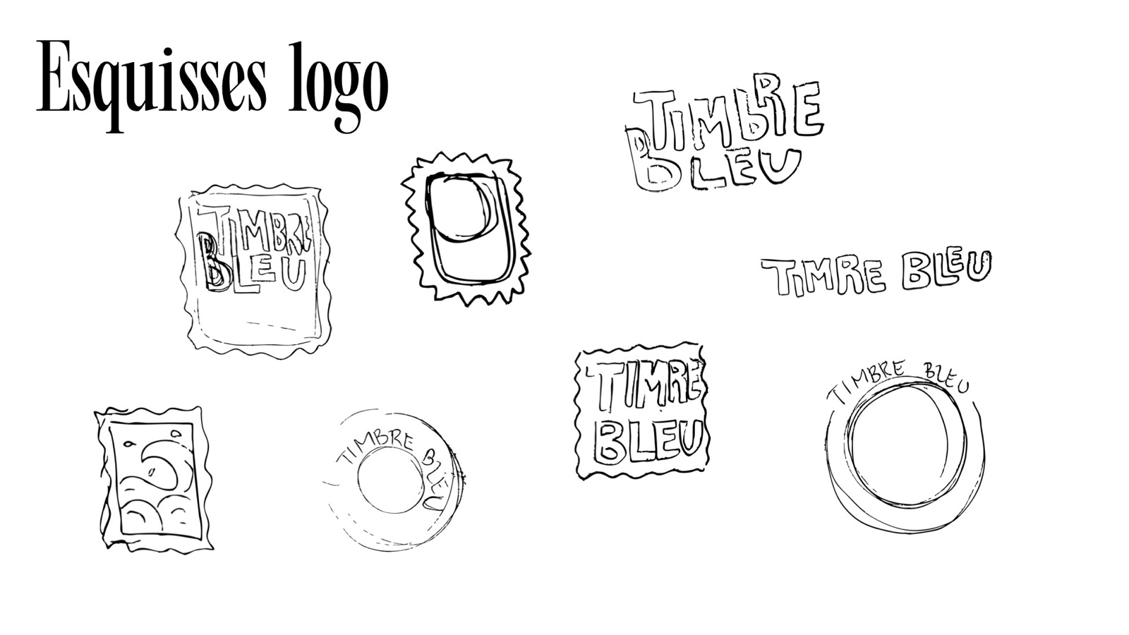 Pencil sketches of stamp-shaped logos
