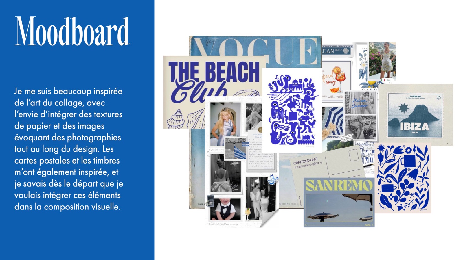 Collage moodboard of vintage magazines, postcards and blue illustrations