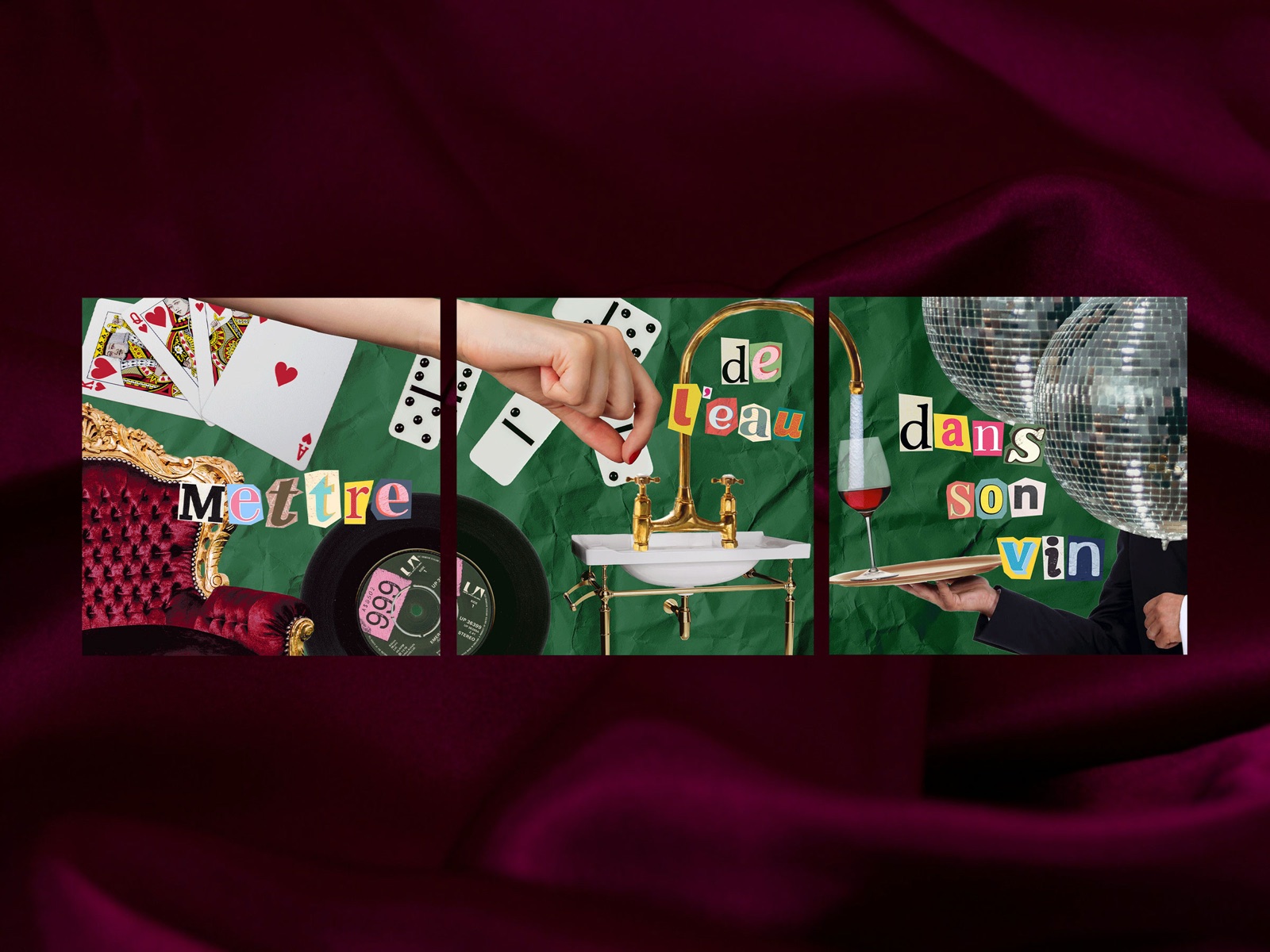 Three collage frames spelling Mettre de l'eau dans son vin