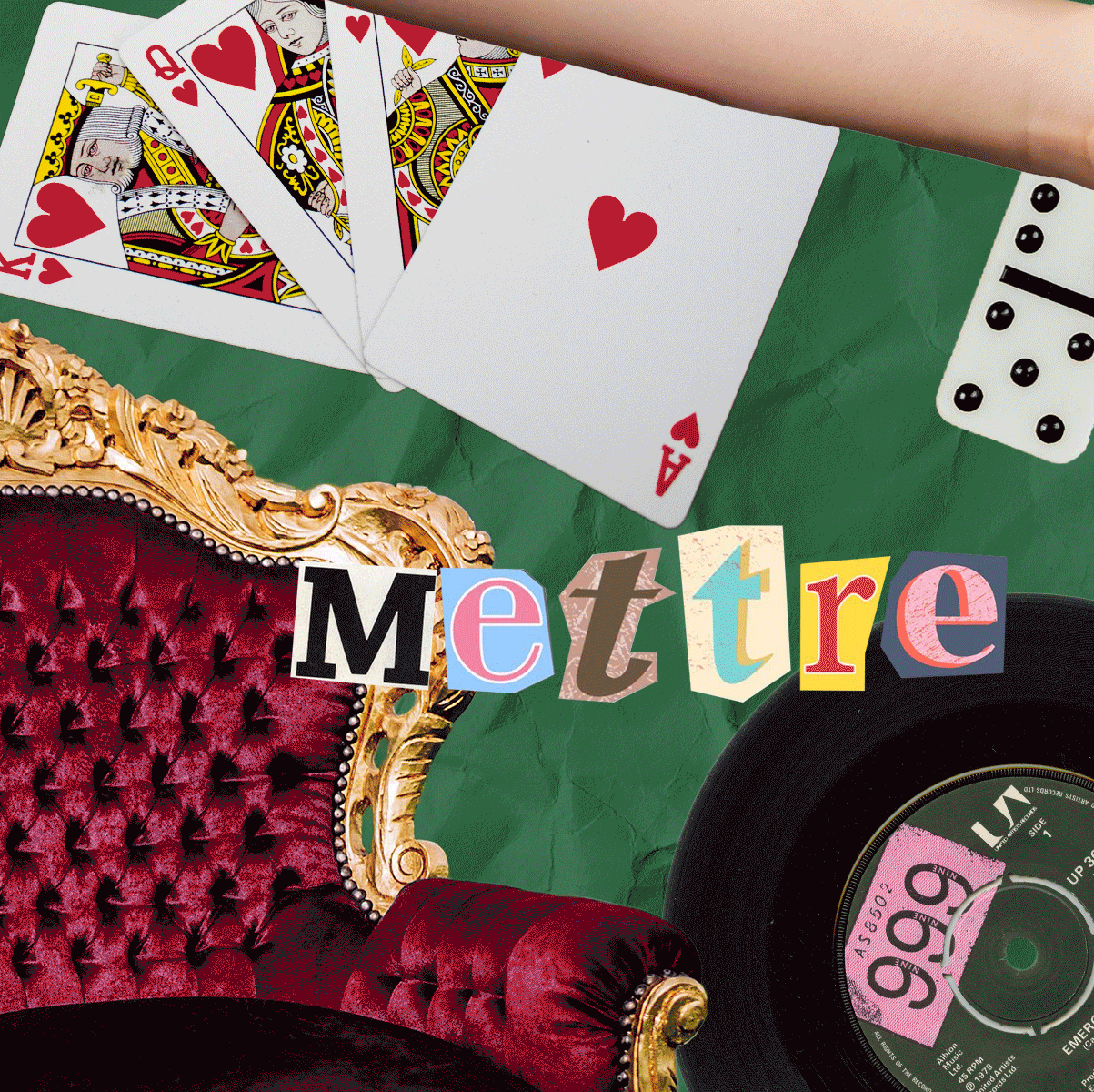 Animated frame one: Mettre, with a velvet armchair, playing cards and a vinyl record