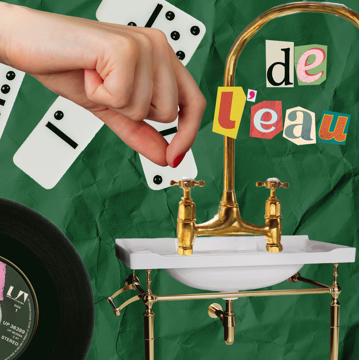 Animated frame two: de l'eau, a hand turning on a brass tap above a vintage sink