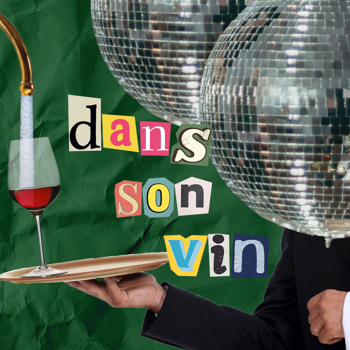Animated frame three: dans son vin, water pouring into a glass of red wine under disco balls